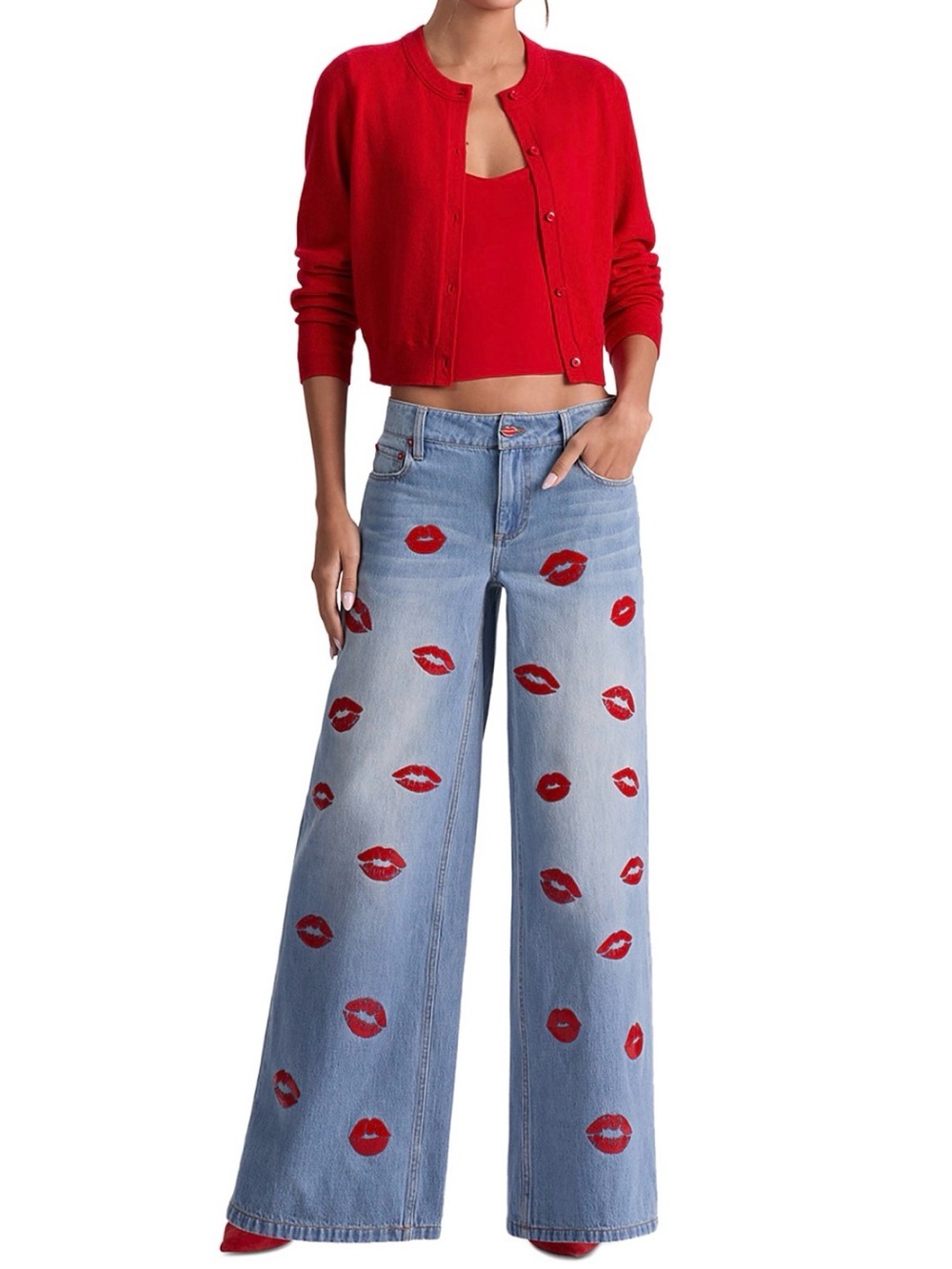 Alice + Olivia Light Blue Denim Wide-Leg Jeans with Red Kiss Print